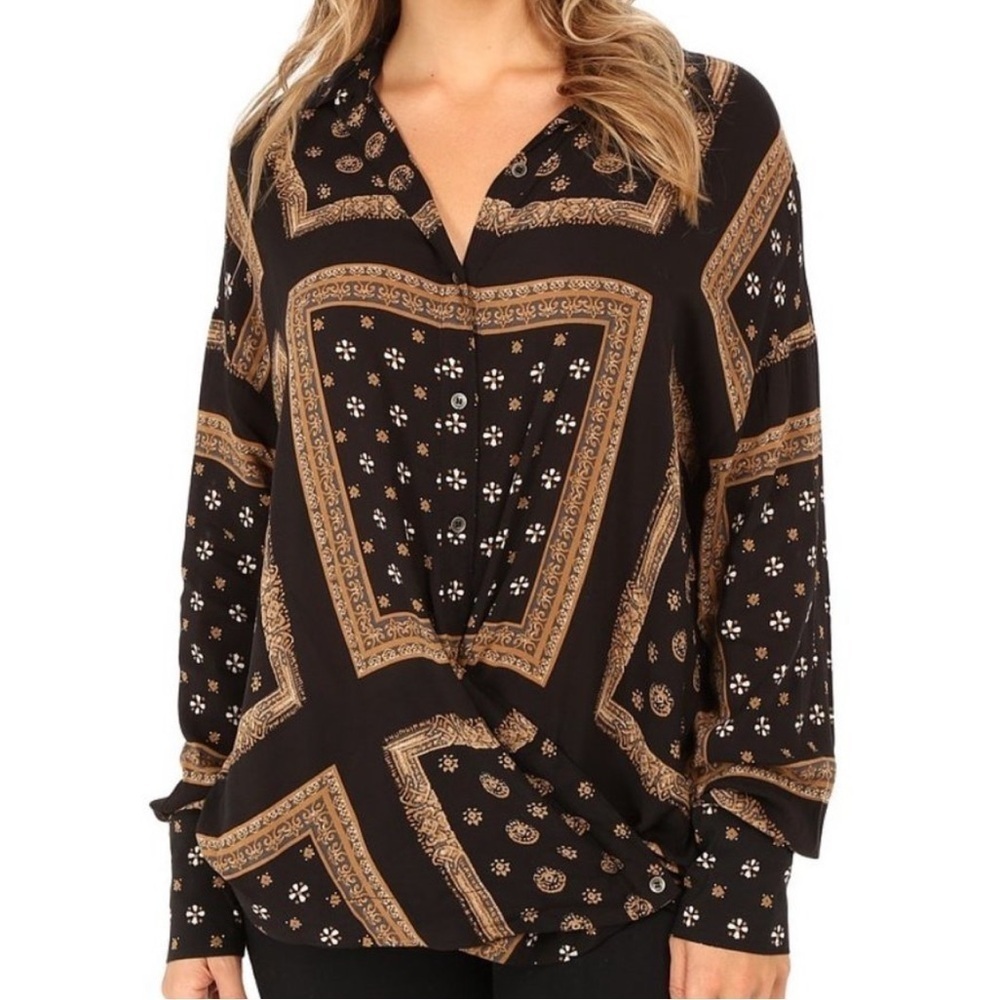 Free People Little Secrets Voile Button Down Top Handkerchief Print Blouse XS